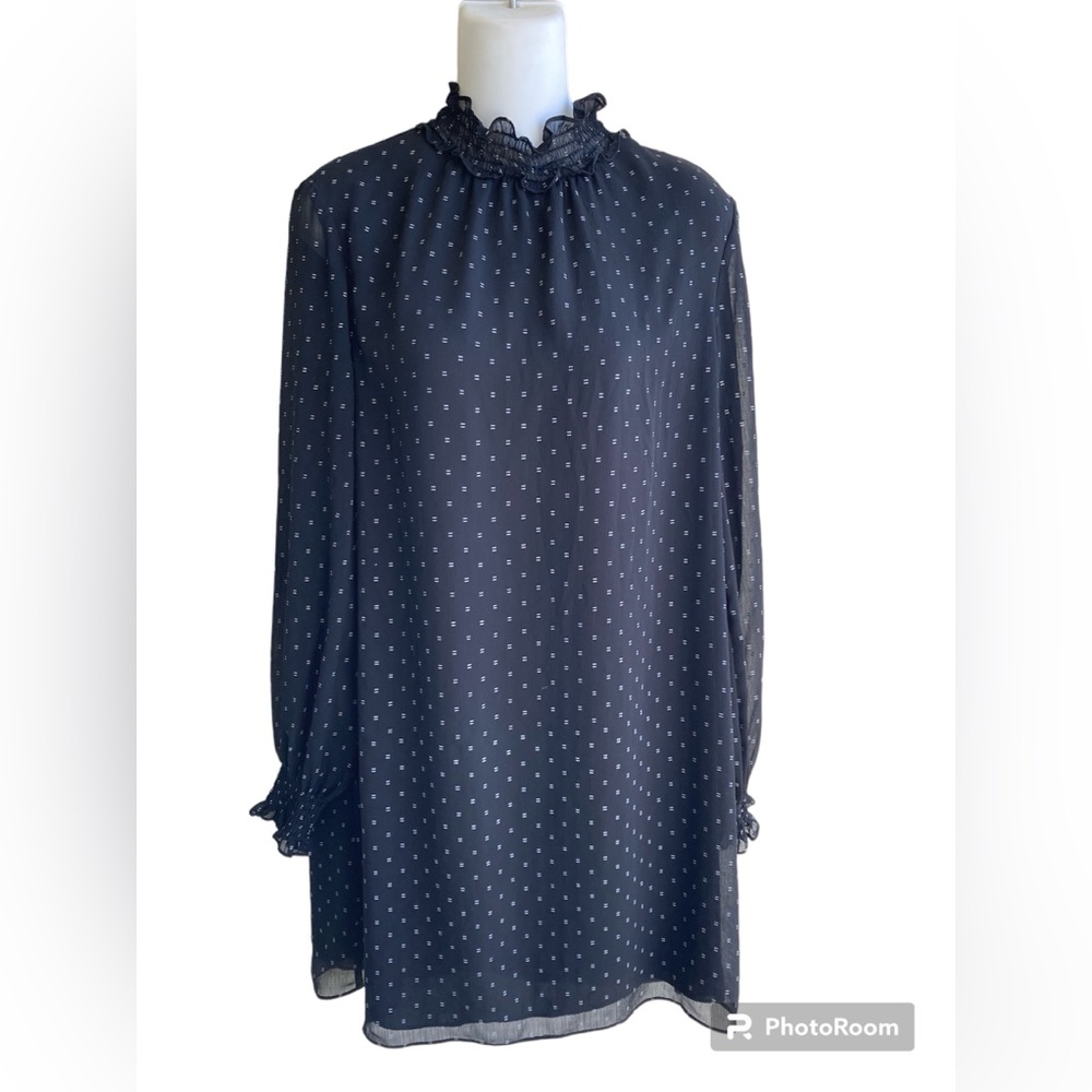 H&M High Neck Chiffon Dress Black White Dashes Long Sleeves Ladies 4 Lined